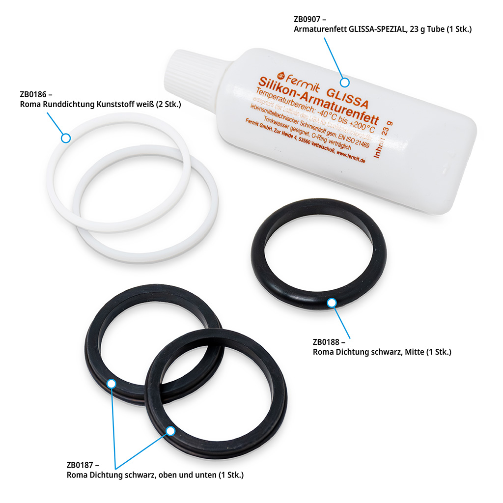 Dichtungsset „Roma“ – Dreiwege-Wasserhahn (inkl. Armaturenfett)